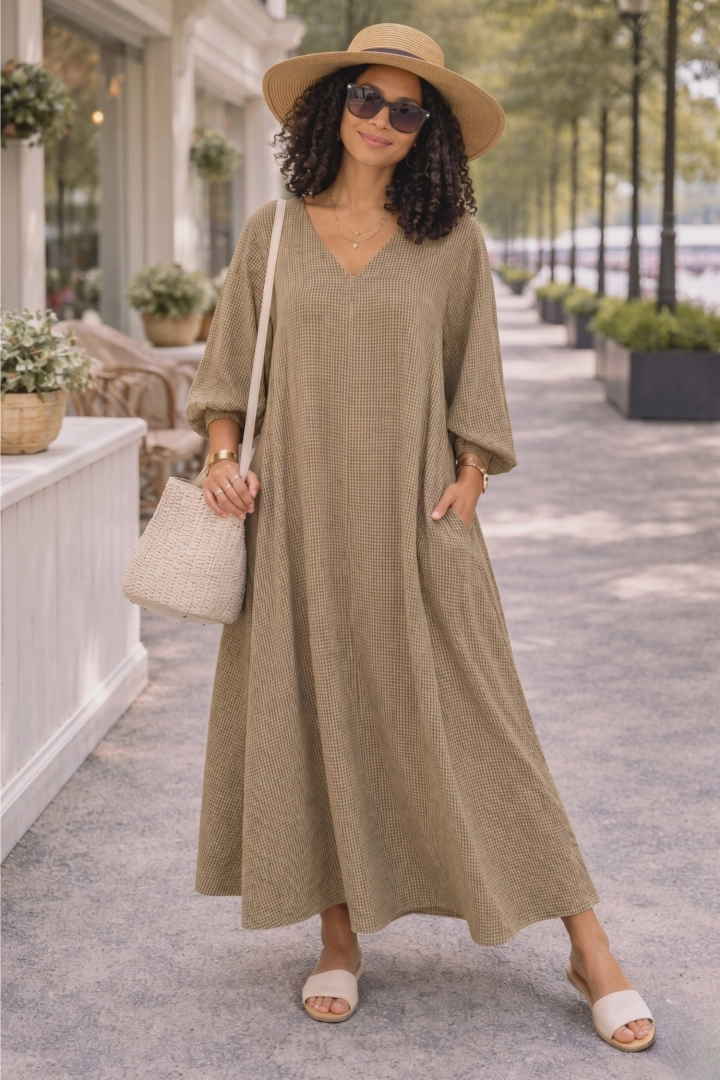 Sukienka damska maxi w kratę pastelowy żółty oversize z długim rękawem i dekoltem V styl boho Brugnetto