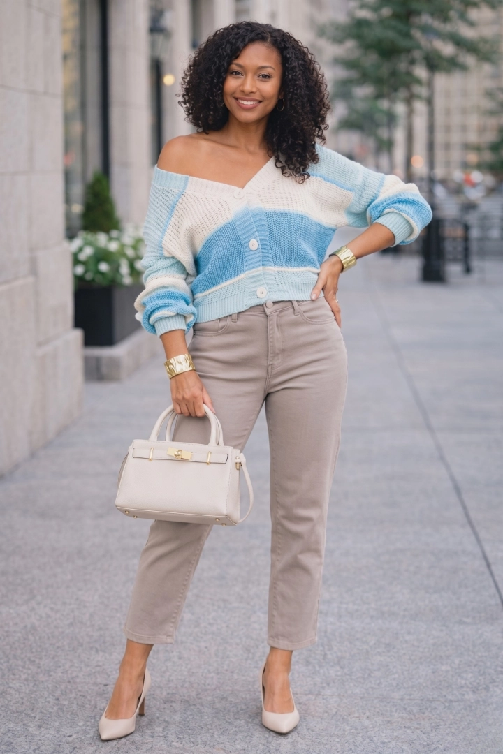 Sweter ażurowy damski błękitny oversize w paski z długim rękawem zapinany na guziki z dekoltem V Grottino