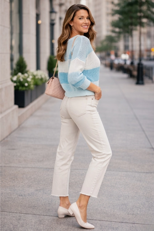 Sweter kardigan damski ażurowy błękitny oversize rozpinany styl casual Grottino