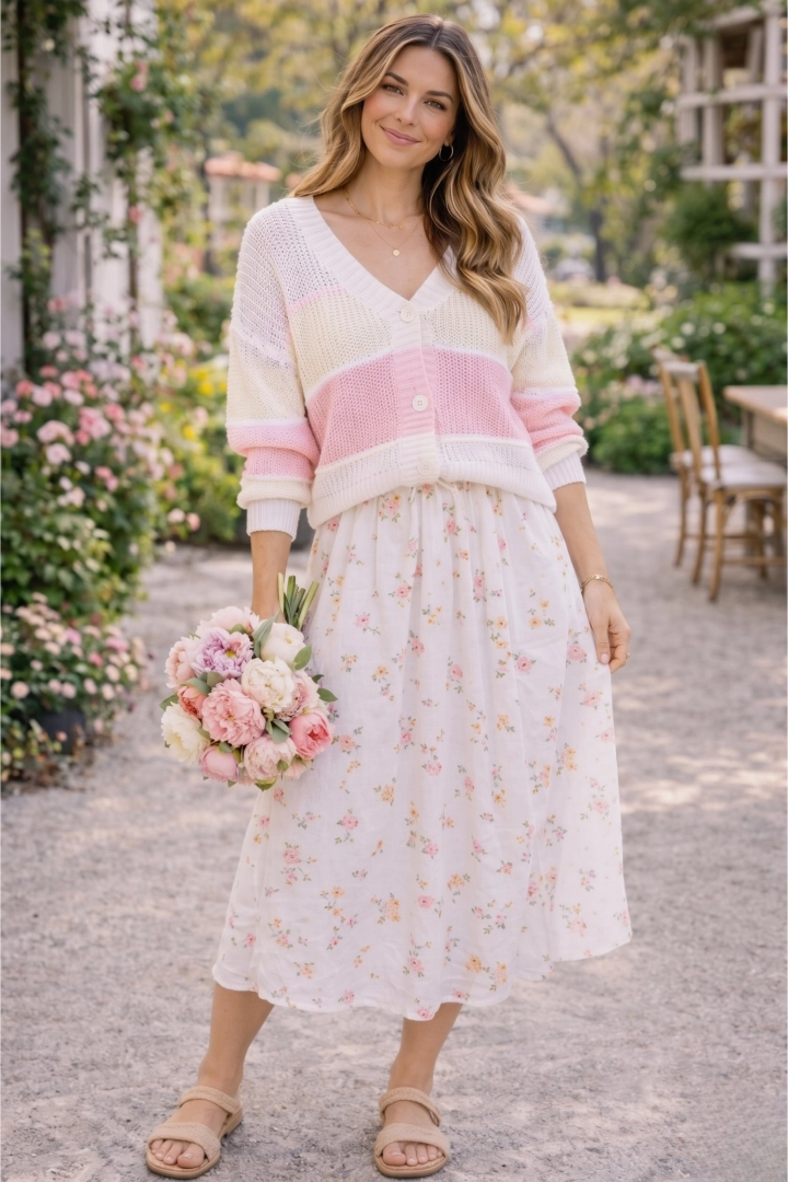 Sweter ażurowy damski pudrowy róż oversize w paski z długim rękawem zapinany na guziki z dekoltem V Grottino 