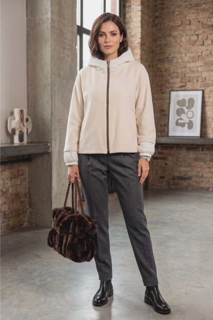 Bluza damska casual oversize beżowa na suwak z kapturem wygodna Cabassa