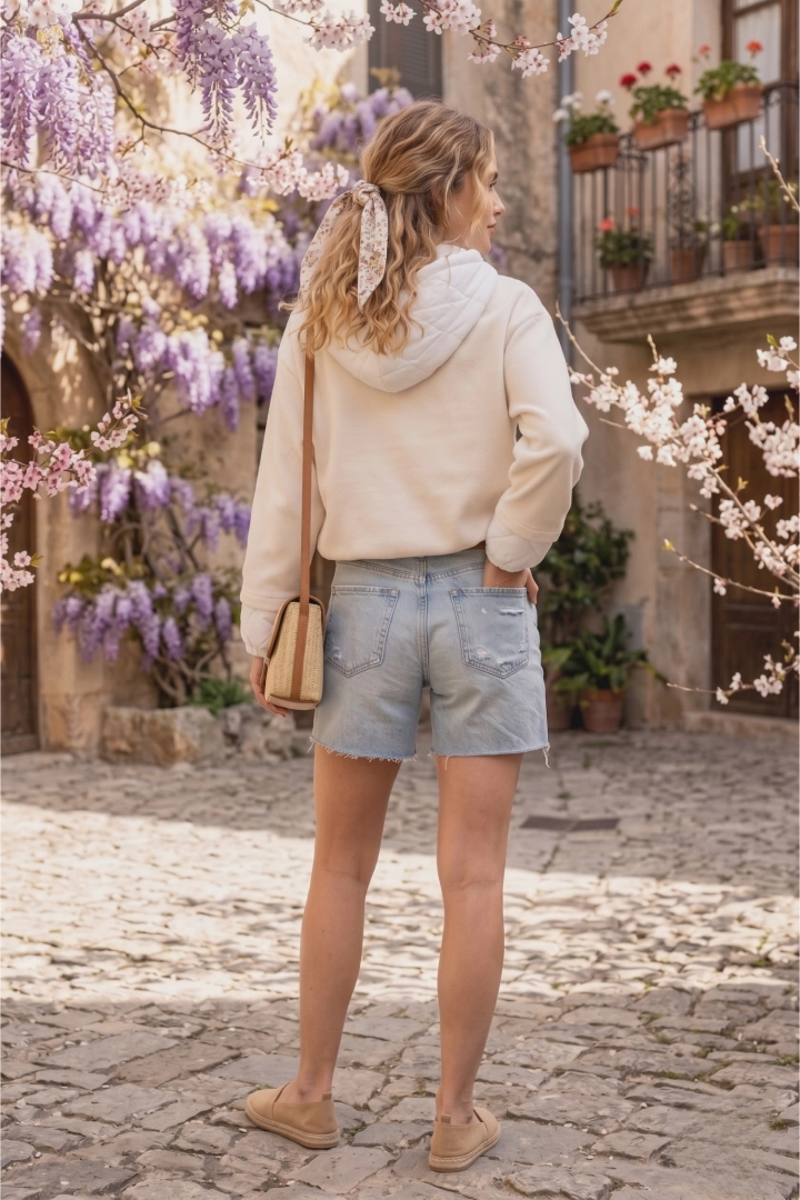 Beżowa bluza damska oversize na suwak z kapturem i kieszeniami styl casual Cabassa