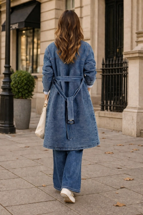 Jeansowy trencz damski oversize denim niebieski płaszcz midi z kieszeniami Mazzantica