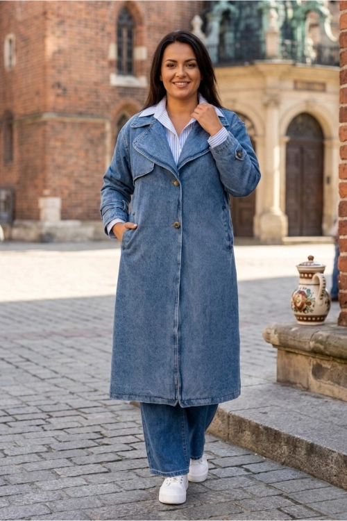 Płaszcz damski midi trencz jeansowy denim oversize styl casual Mazzantica