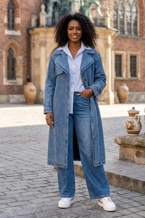 Trencz damski denim oversize płaszcz midi z kieszeniami styl miejski Mazzantica