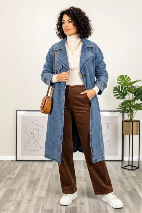 Płaszcz jeansowy damski oversize midi trencz denim casual Mazzantica