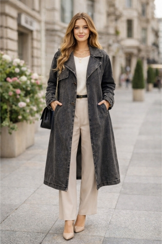Trencz damski grafitowy oversize płaszcz midi z kieszeniami styl casual Mazzantica