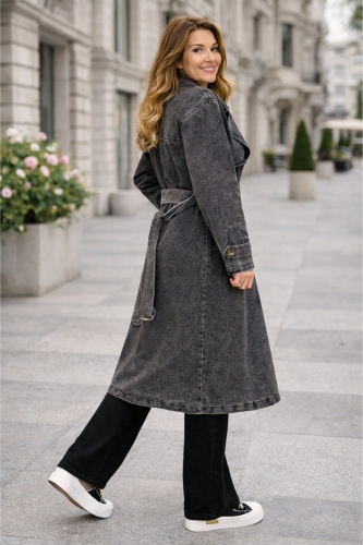 Płaszcz damski antracytowy oversize midi trencz casual z kieszeniami Mazzantica