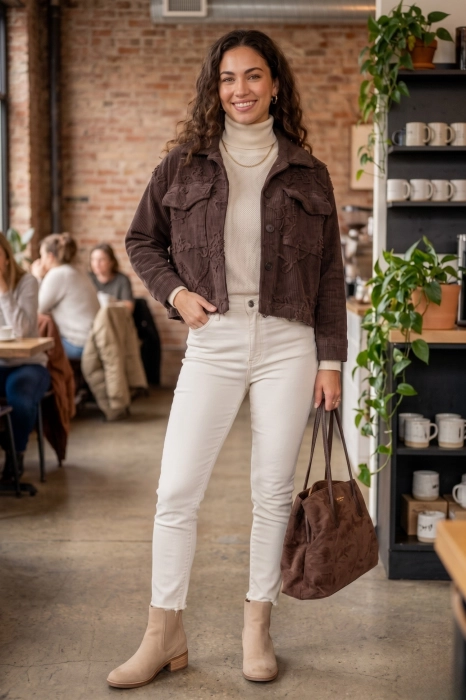 Kurtka damska brązowa sztruksowa z haftowanymi kwiatami kieszenie cargo styl casual Cappafredda