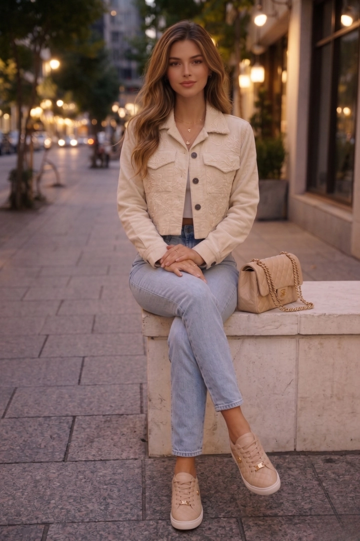 Kurtka damska beżowa sztruksowa z ozdobnymi kwiatami casual Cappafredda