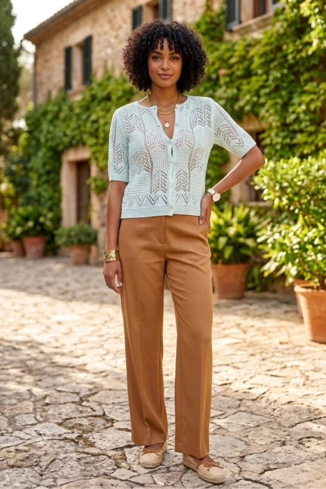 Bluzka damska ażurowa miętowa boho rozpinana na guziki lekka narzutka z krótkim rękawem Roverchiaretta