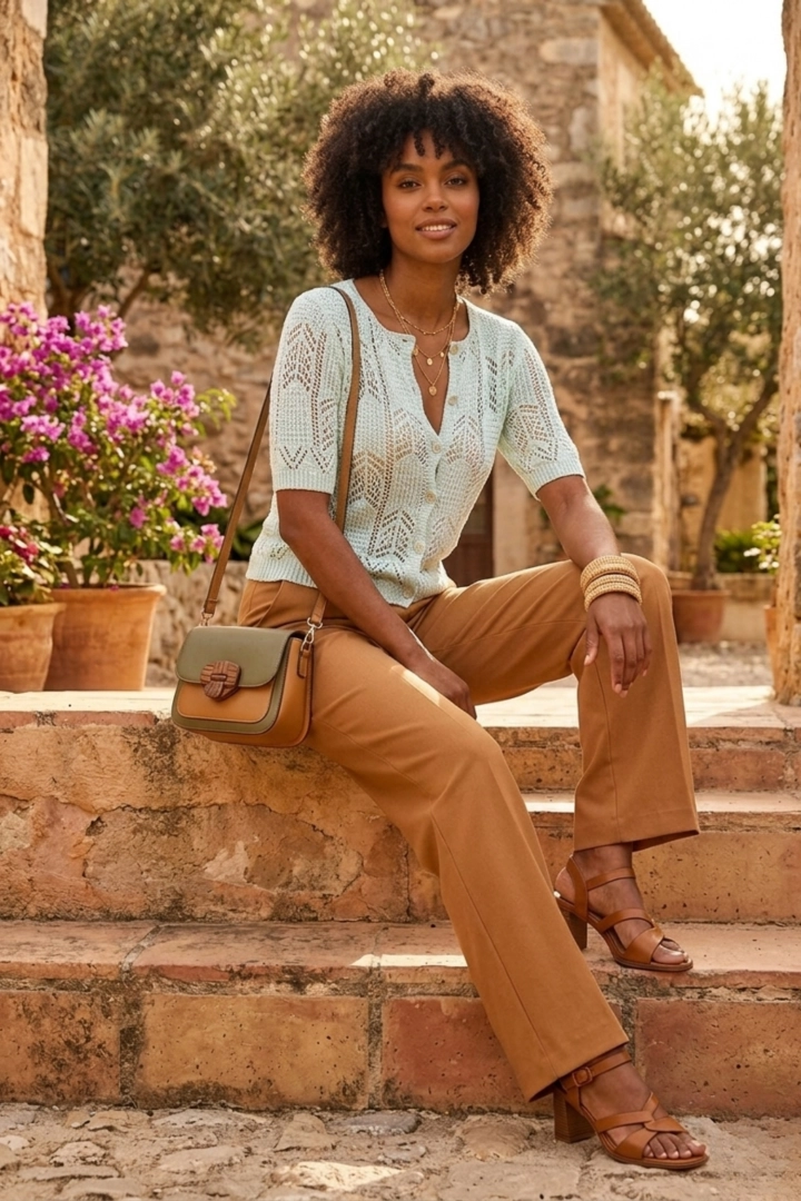 Narzutka damska ażurowa miętowa lekka boho krótki rękaw Roverchiaretta