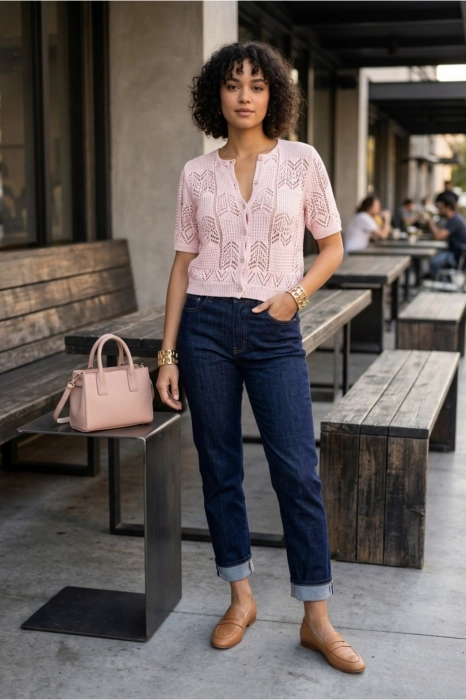 Narzutka damska ażurowa pudrowy róż lekka boho krótki rękaw Roverchiaretta