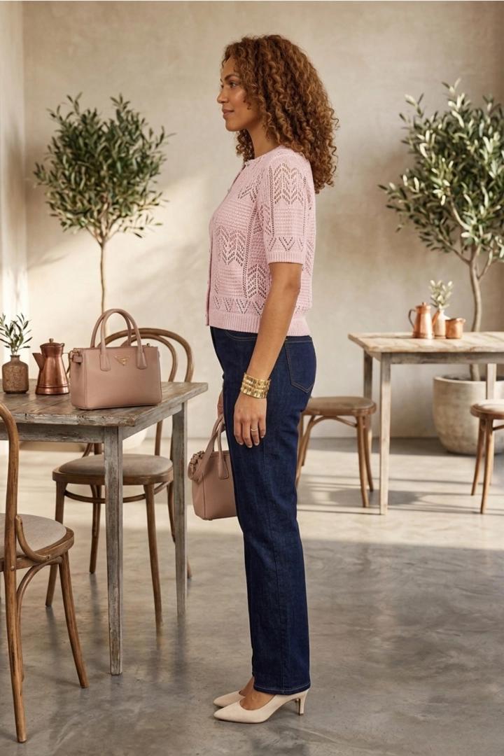 Bluzka damska jasnoróżowa ażurowa lekka narzutka boho Roverchiaretta