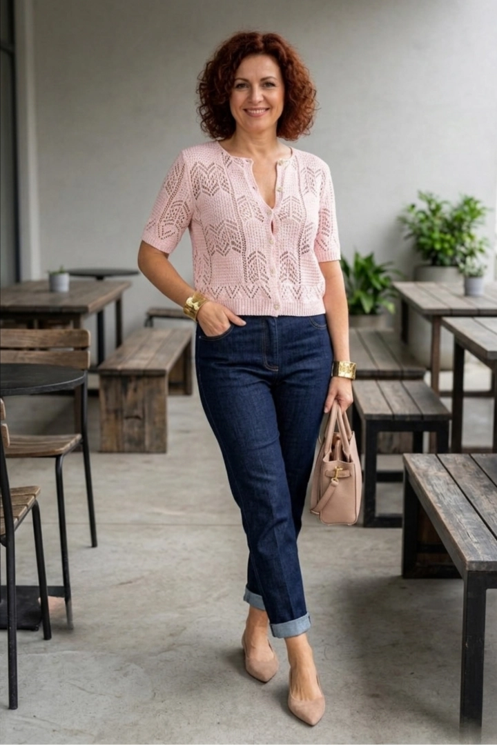 Bluzka damska ażurowa pudrowy róż boho rozpinana na guziki lekka narzutka z krótkim rękawem Roverchiaretta