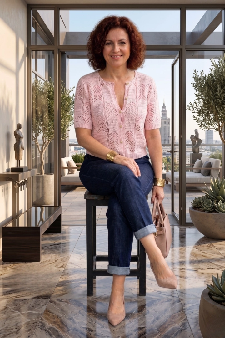 Pudrowy róż bluzka damska ażurowa boho krótki rękaw rozpinana na guziki Roverchiaretta