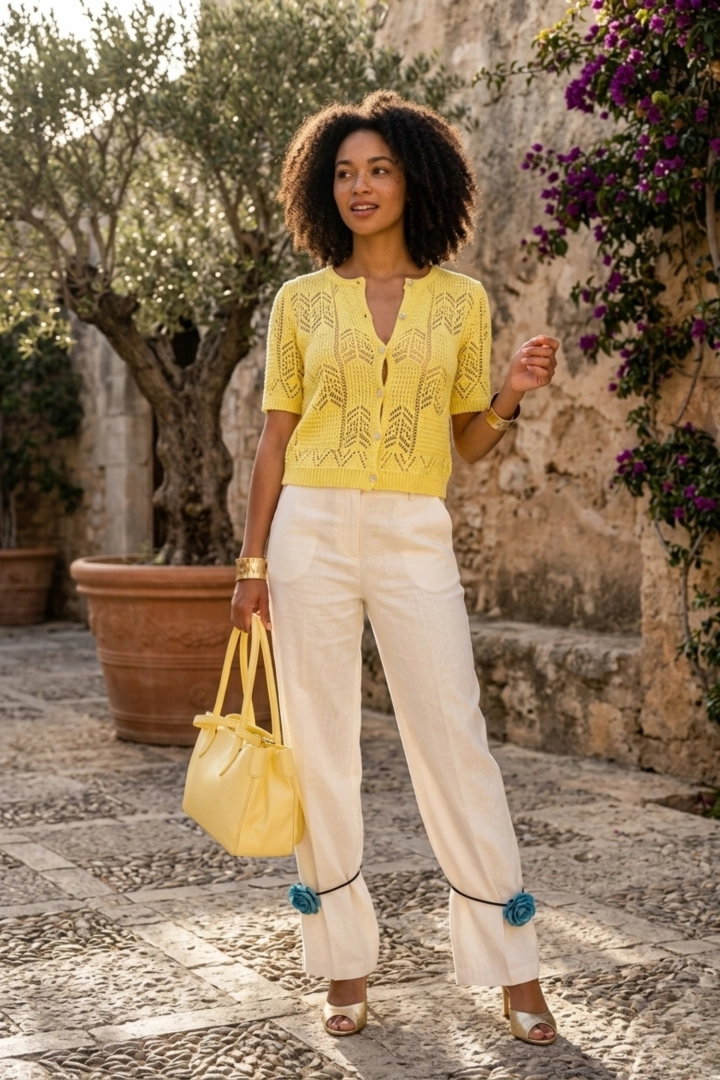 Bluzka damska jasny żółty ażurowa lekka narzutka boho Roverchiaretta