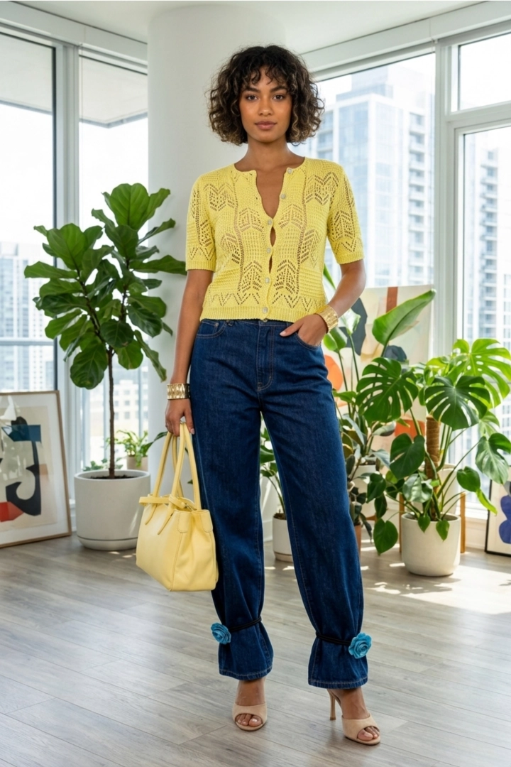 Kardigan damski ażurowy pastelowy żółty lekki krótki rękaw boho Roverchiaretta