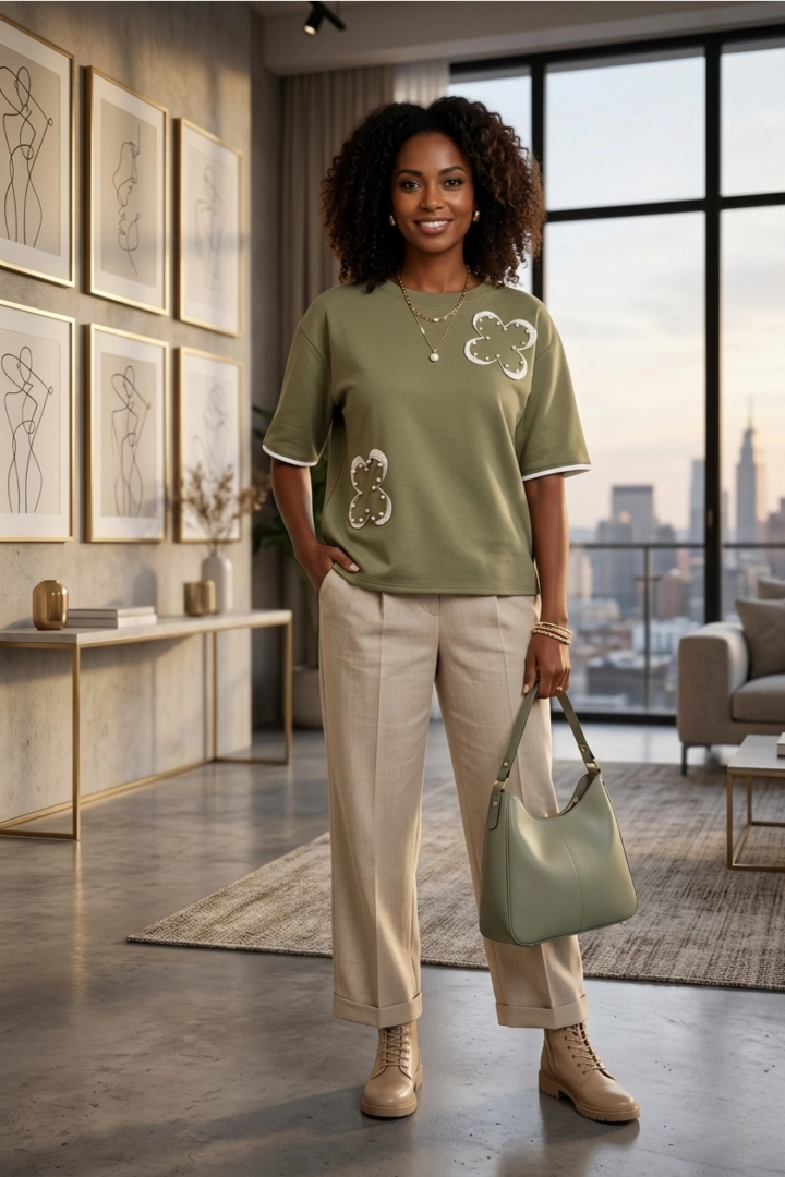 Bluzka damska khaki krótki rękaw oversize styl casual z kwiatami Morando