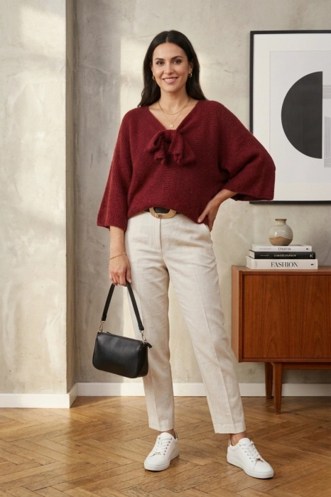 Sweter damski wiśniowy oversize z wiązaniem w kokardę szerokie rękawy styl casual Molinello