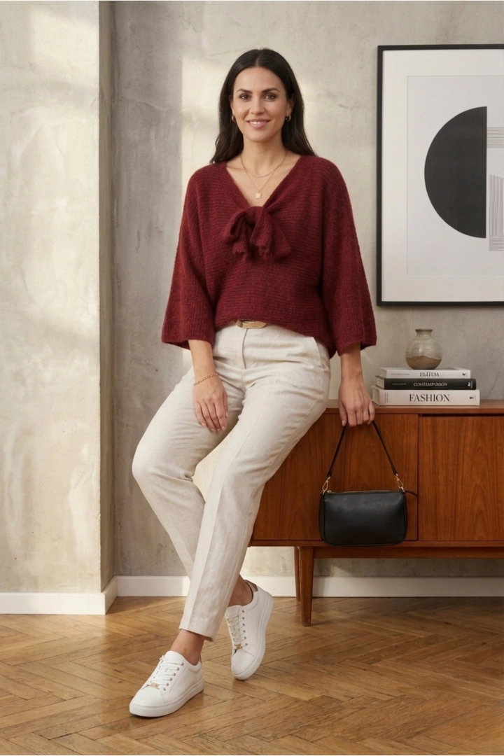 Sweter damski czerwony wiśniowy oversize z kokardą przy dekolcie Molinello