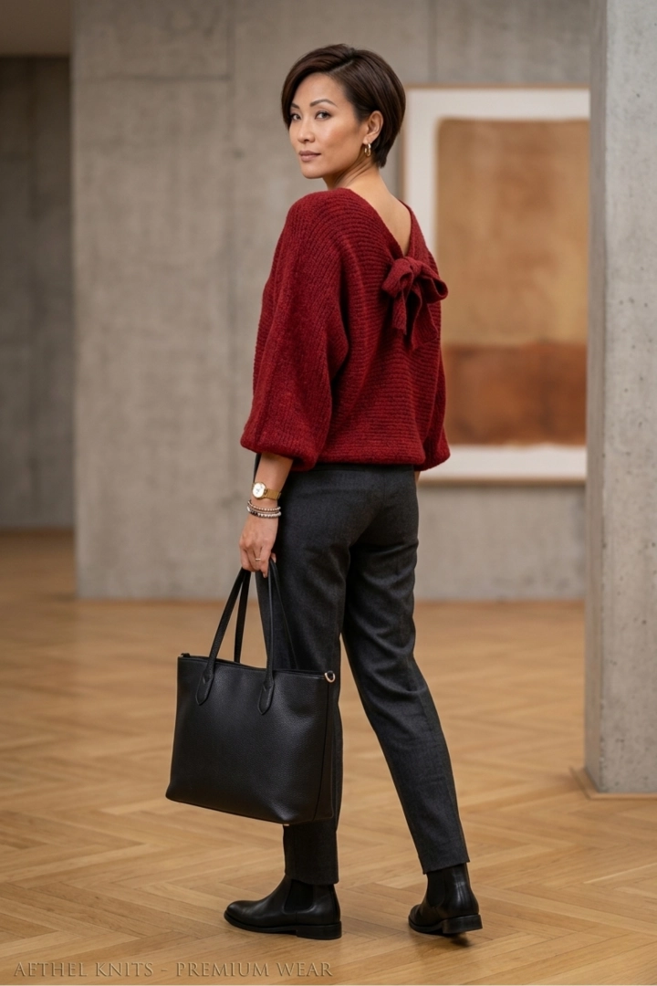 Sweter damski wiśniowy oversize z ozdobnym wiązaniem i szerokimi rękawami Molinello