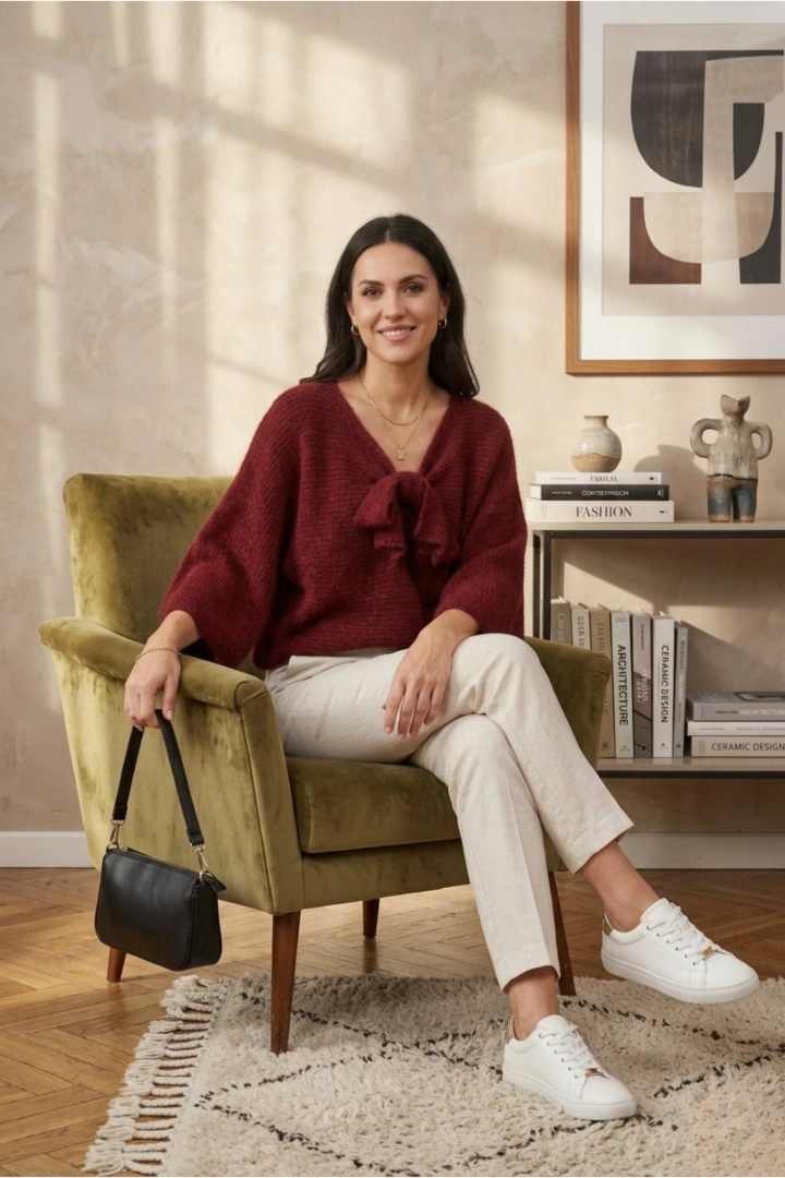 Sweter damski wiśniowy luźny oversize z kokardą styl casual Molinello