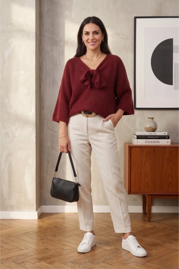 Sweter damski wiśniowy oversize szerokie rękawy z wiązaniem Molinello