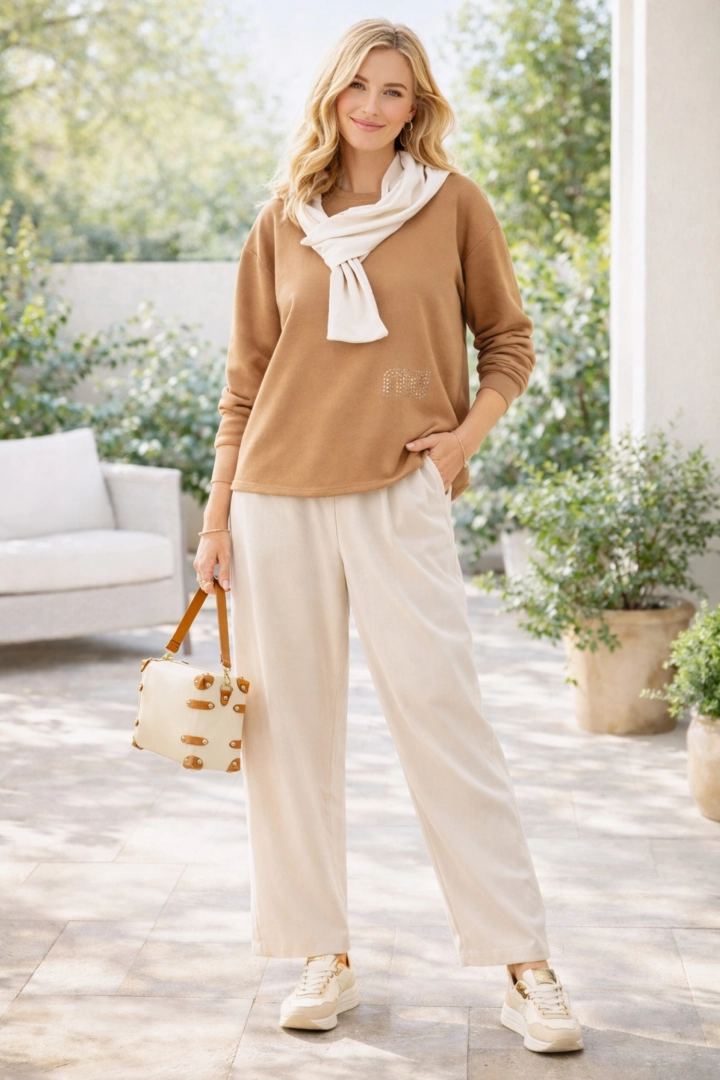 Bluzka damska cappuccino oversize z kapturem długi rękaw casual Chinaglia