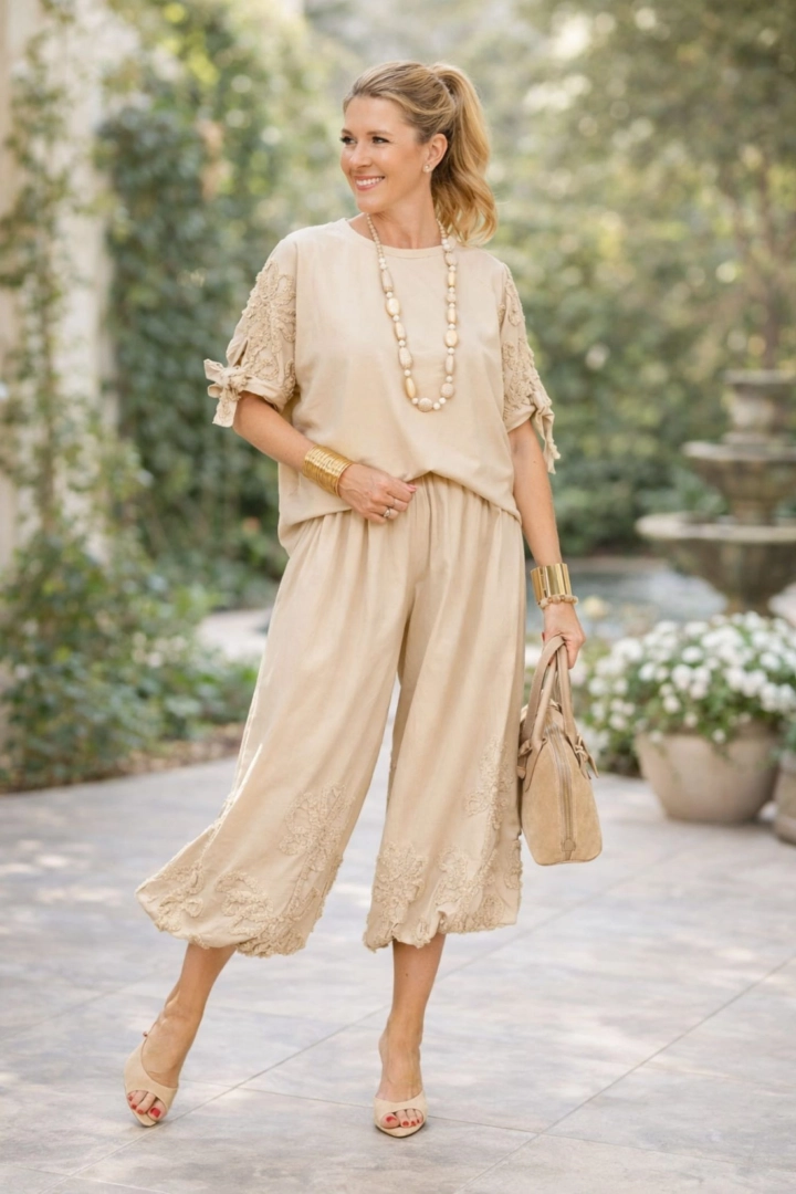 Bluzka z okrągłym dekoltem krótkim rękawem zakończonym wiązaniem i naszywanymi kwiatami Ripatransone beżowa