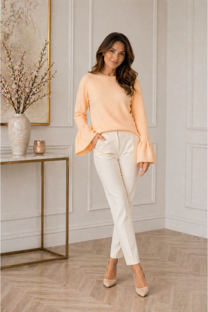 Sweter damski morelowy z rękawami zakończonymi falbanką i miękką dzianiną w stylu casual.