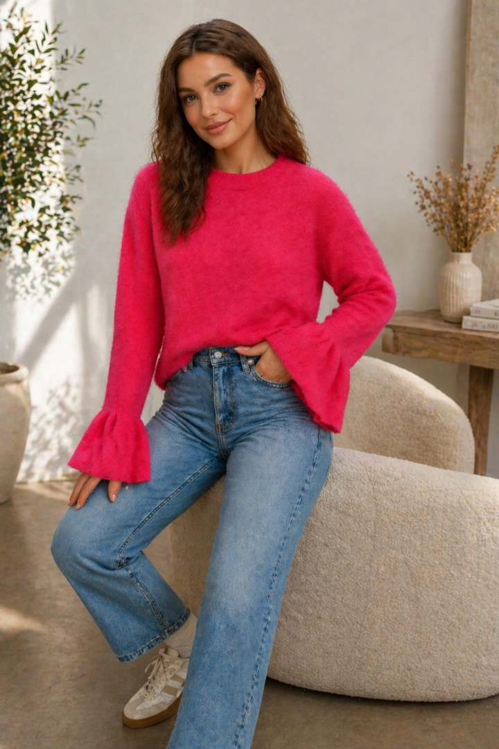 Sweter damski fuksja z rękawami zakończonymi i miękką dzianiną w stylu casual.