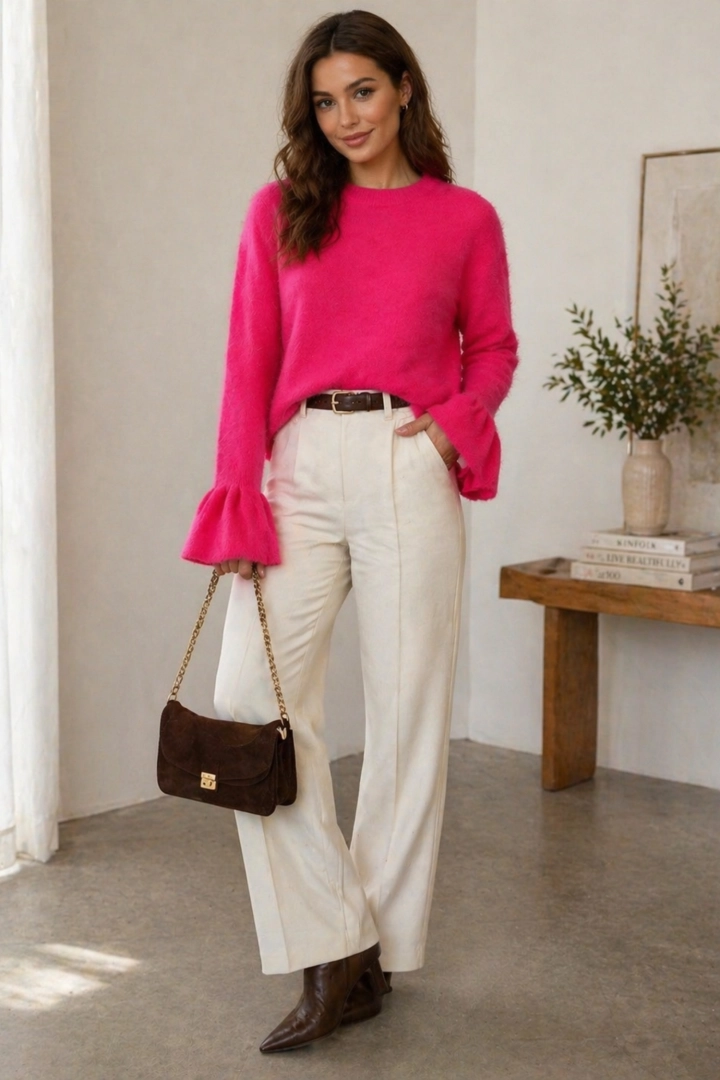 Różowy sweter damski z okrągłym dekoltem i luźnym krojem na sezon przejściowy.