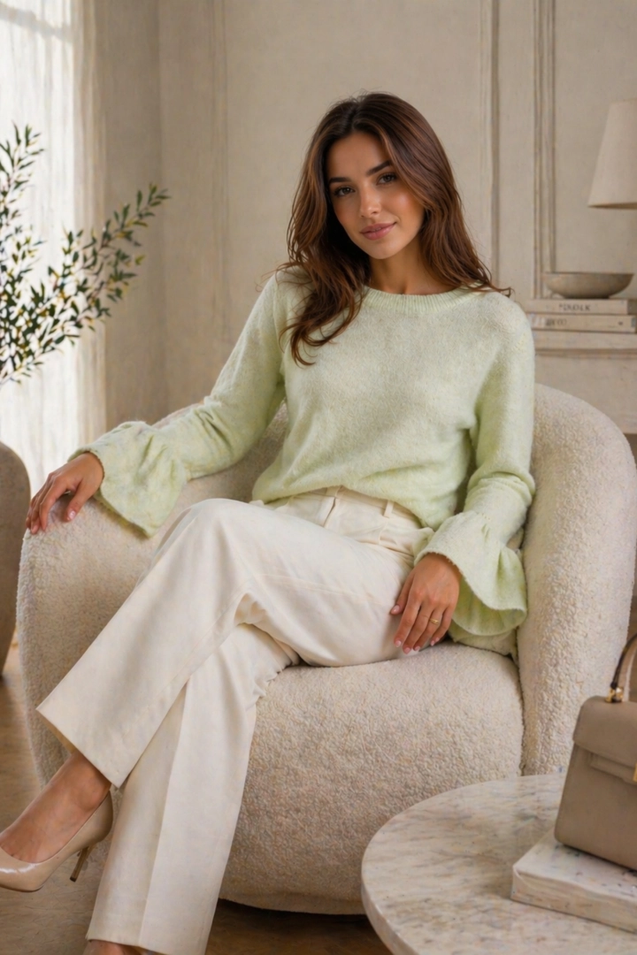 Sweter damski pistacjowy z okrągłym dekoltem i swobodnym krojem na co dzień.