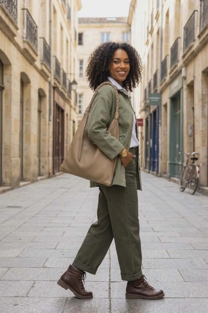 Kurtka jeansowa damska khaki narzutka oversize zapinana na guziki z kołnierzem naszywane strzępione kwiaty Caporciano