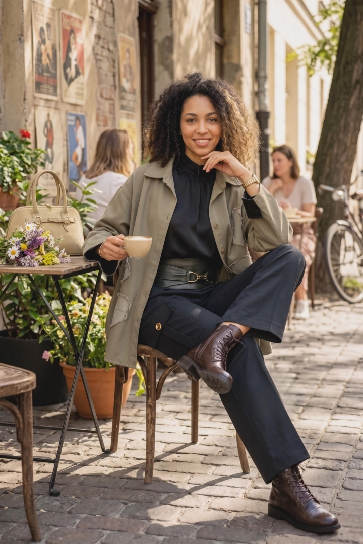 Kurtka jeansowa damska fango narzutka oversize z kołnierzem zapinana na guziki i naszywanymi strzępionymi kwiatami Caporciano