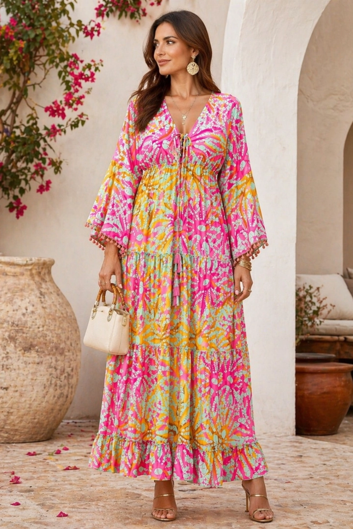 Sukienka jedwabna maxi różowa boho z wiązaniem przy dekolcie Carsoli