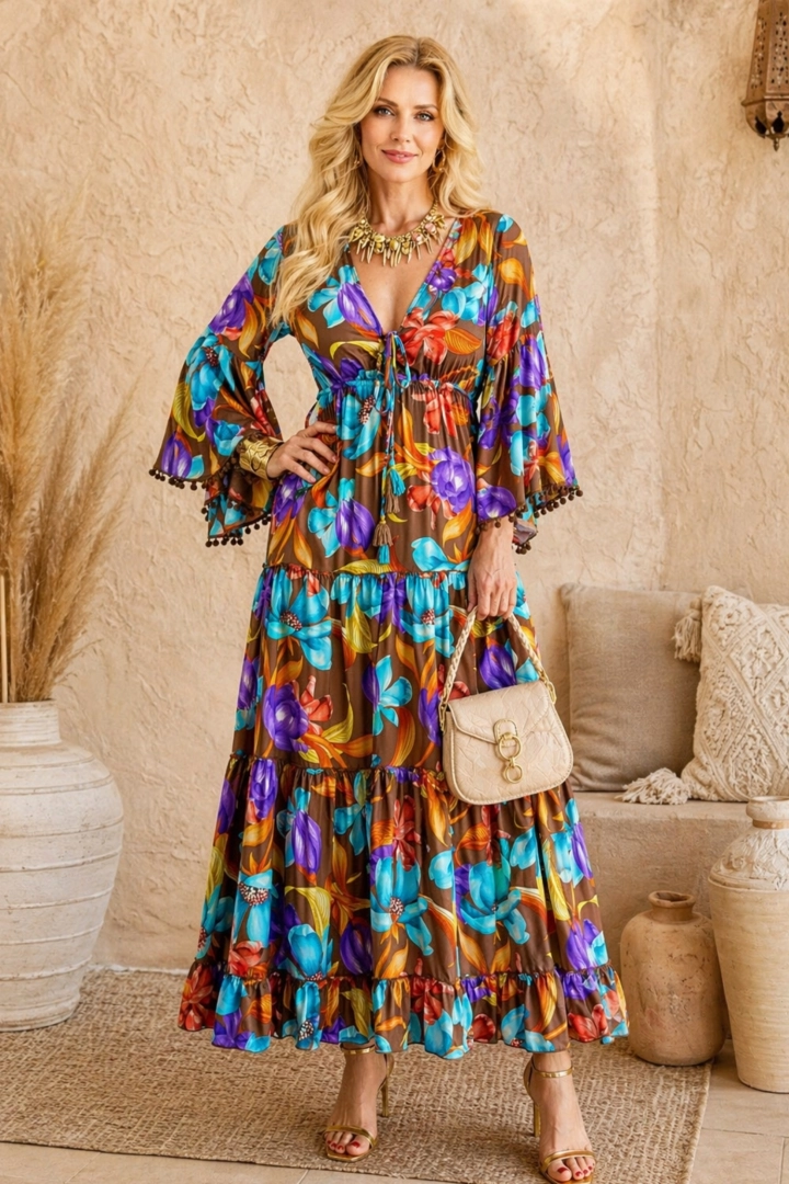 Sukienka jedwabna maxi brązowa boho z wiązaniem przy dekolcie Carsoli