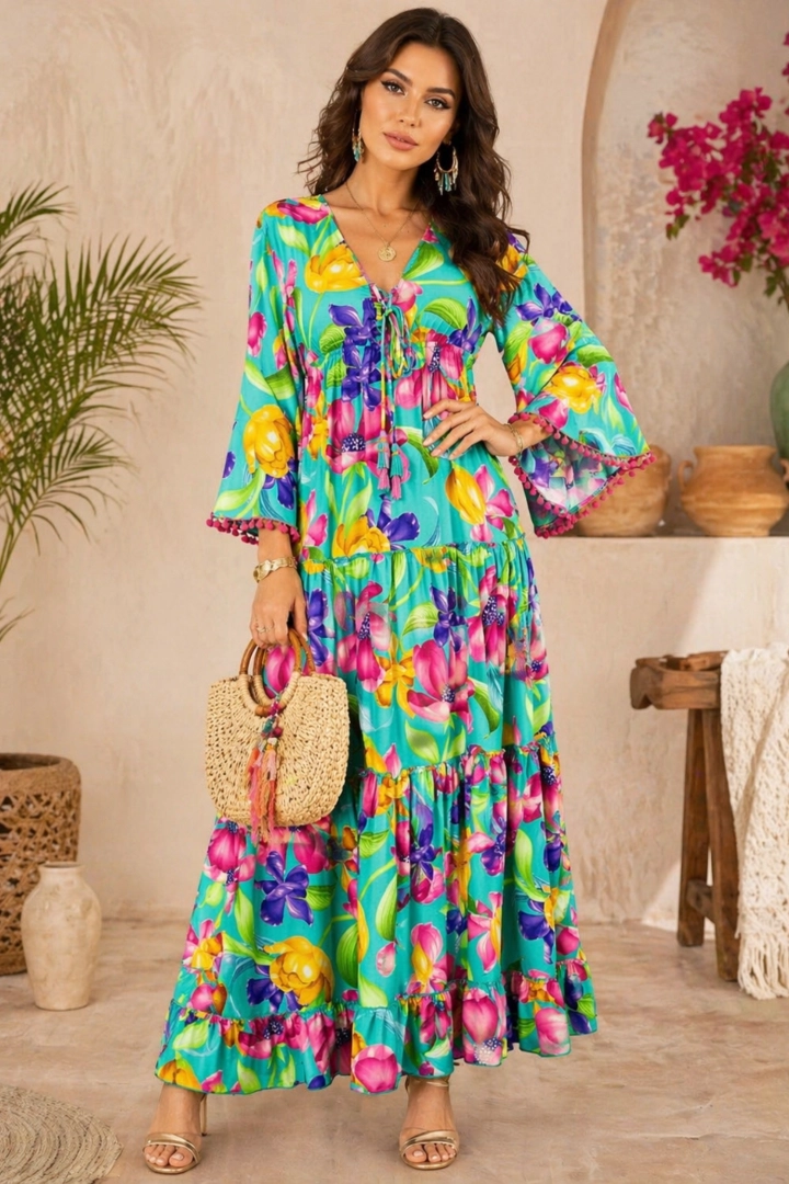 Sukienka jedwabna maxi lazurowa boho z wiązaniem przy dekolcie Carsoli