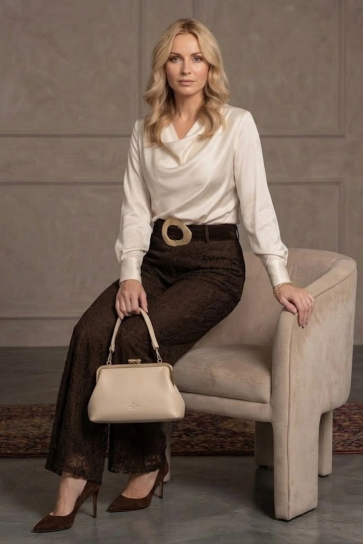 Brązowe spodnie damskie koronkowe palazzo z wysokim stanem na gumce Collelongo szeroka nogawka styl boho