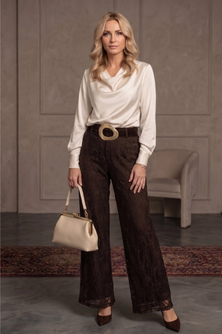 Spodnie damskie brązowe palazzo koronkowe z wysokim stanem na gumce Collelongo subtelna struktura i styl