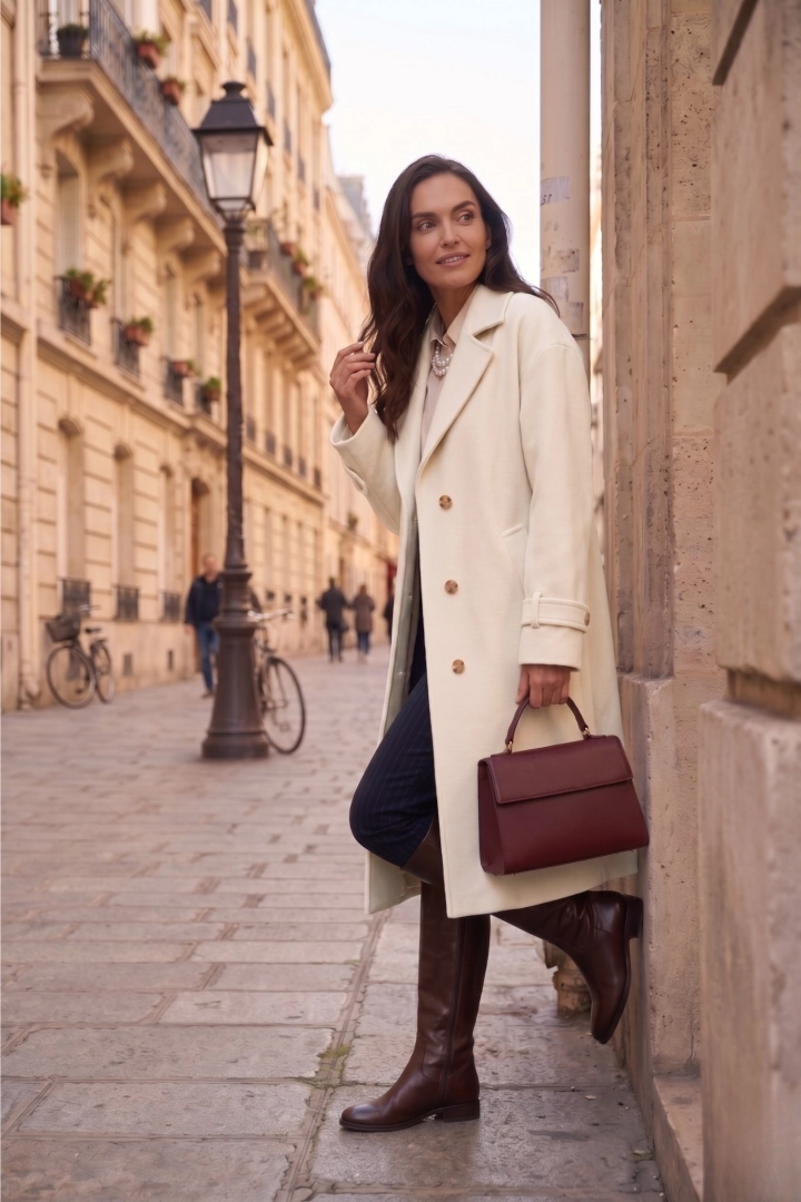 długi płaszcz damski beżowy cappuccino oversize trencz zapinany na guziki kieszenie tył rozcięcie Pozzillo