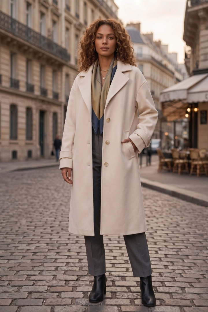 płaszcz damski wiosenny beżowy cappuccino oversize trencz zapinany na guziki z kieszeniami i rozcięciem z tyłu Pozzillo