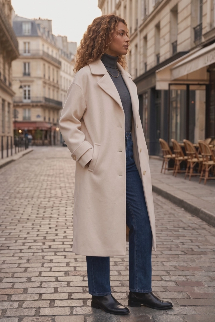 beżowy płaszcz damski karmelowy oversize trencz na wiosnę z kieszeniami i rozcięciem z tyłu Pozzillo