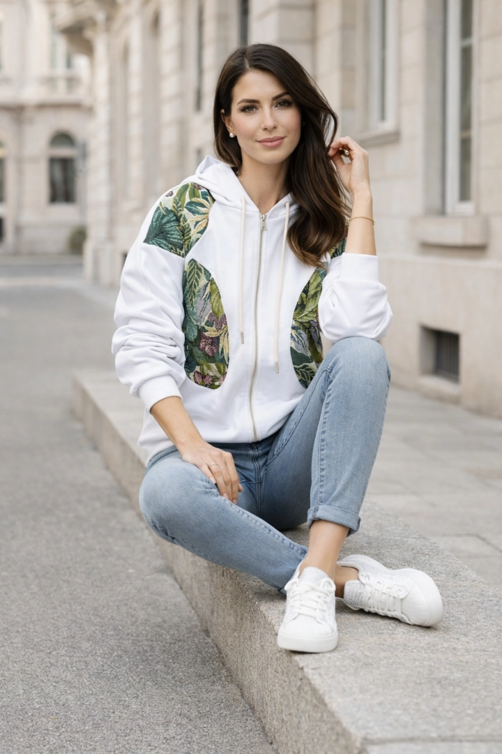 bluza oversize damska biała z kapturem zapinana na zamek z kieszeniami i printem floralnym Ribottoli