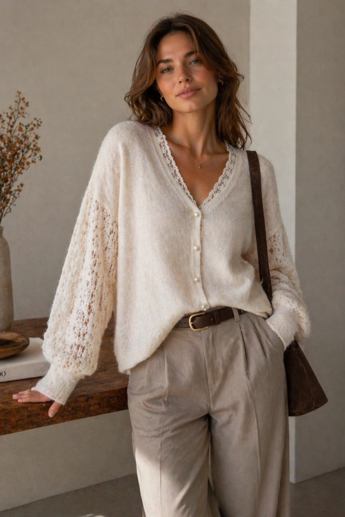 sweter damski beżowy cappuccino oversize kardigan z dekoltem V na guziki i ażurowymi rękawami Montemiletto