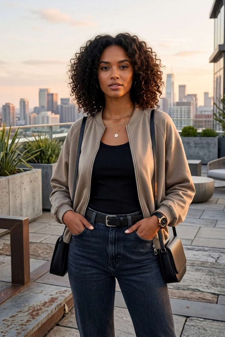 Bluza bomberka damska fango na suwak z kieszeniami  długim rękawem i ściągaczem u dołu Roccacasale