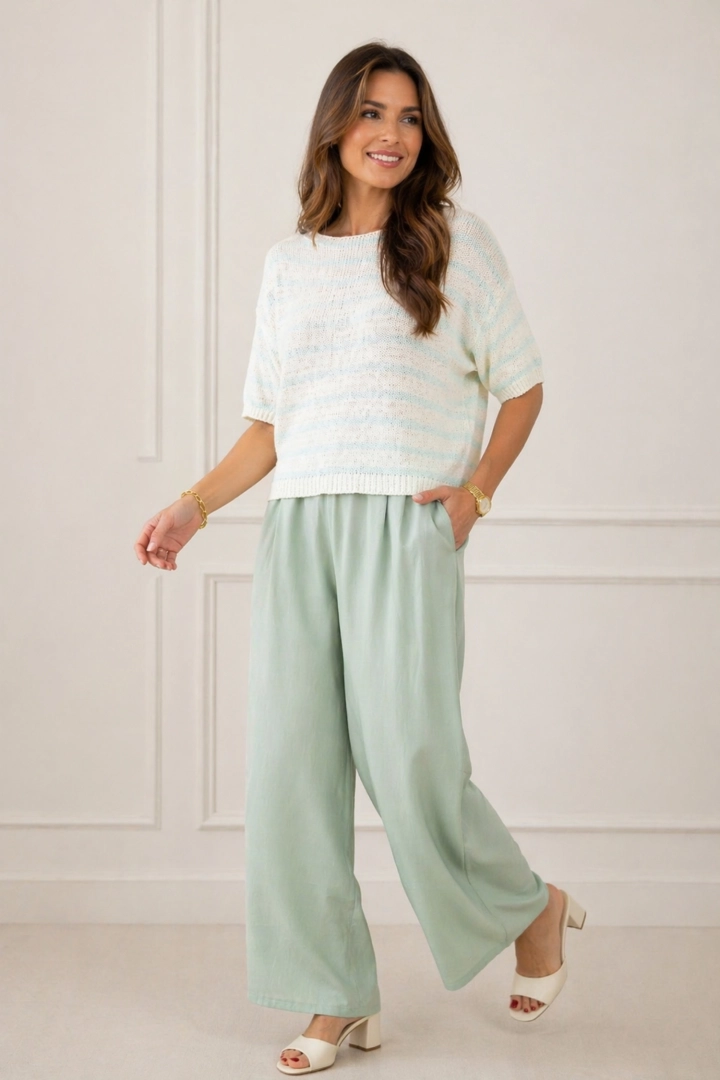 bluzka damska ecru beżowa oversize w paski miętowe krótki rękaw lekka Felette