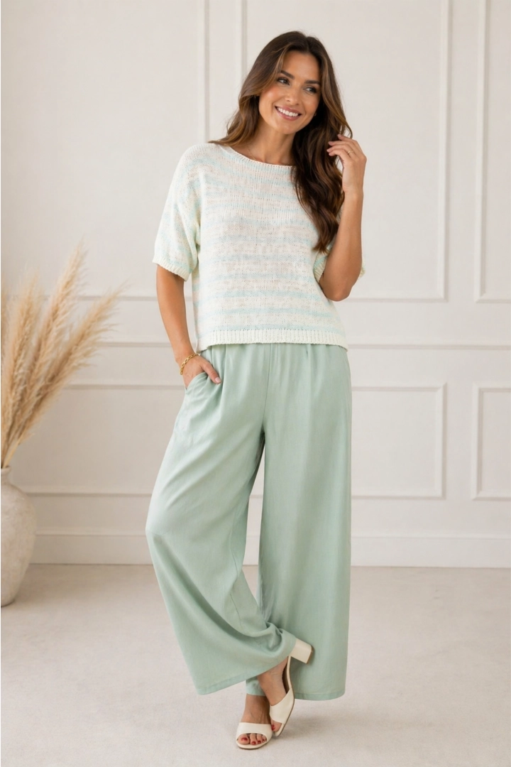 bluzka damska oversize ecru kremowa w miętowe paski z krótkim rękawem dzianinowa Felette