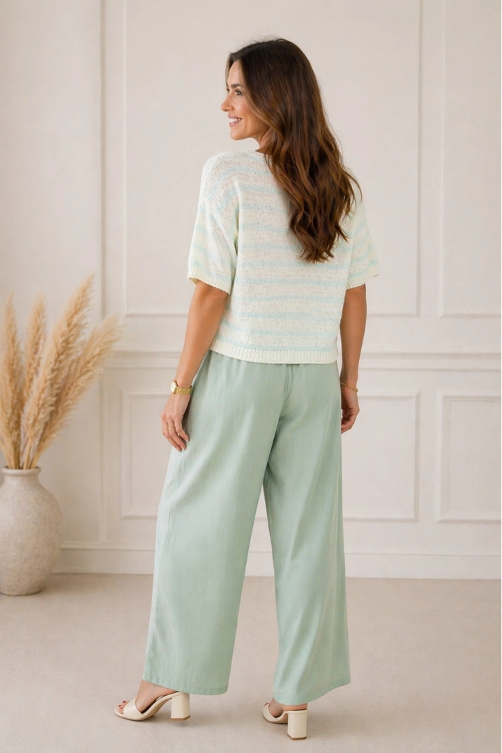 lekka bluzka damska oversize ecru w paski miętowe krótki rękaw styl casual Felette